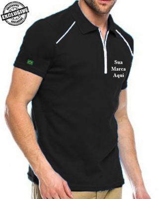 Camisa Polo preta personalizada com frisos e zíper e detalhes nos ombros – Kits a partir de 20 pçs