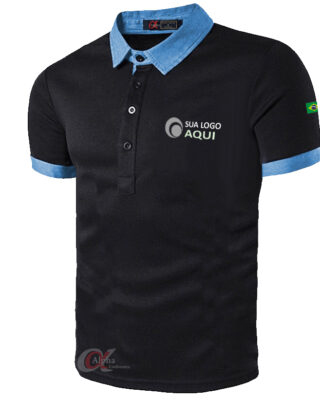 Camisa Polo com detalhes Jeans na gola e punhos com logo da sua empresa – Kits a partir de 20 pçs