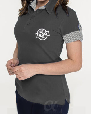 Camiseta camisa tipo polo feminina com detalhes listrados com tecido para uniformes personalizados – Kits a partir de 20 pçs