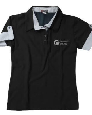 Camiseta camisa tipo polo feminina com detalhes listrados com tecido para uniformes personalizados – Kits a partir de 20 pçs