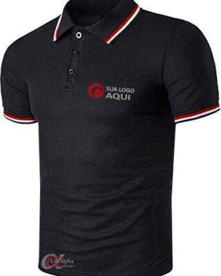 Camiseta tipo gola polo preta com golas e punhos com cores personalizadas da sua empresa – kit 10 pçs