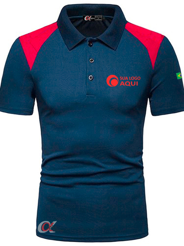 Camisa polo bordada com detalhes em laranja, espaço para logo da empresa e acabamento em malha de alta qualidade, ideal para uniformes profissionais
