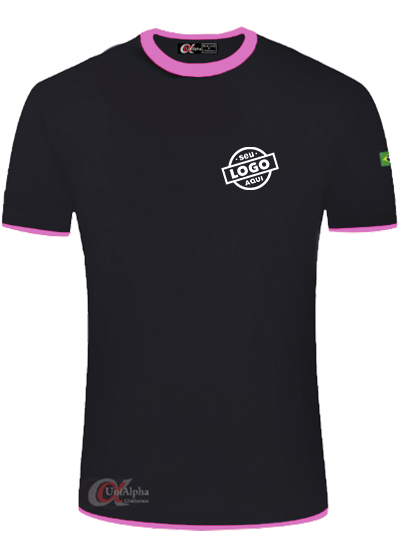 camiseta-com-gola-e-punho-colorido-de-outra-cor-personalizada-silkada-estampada-preta-e-rosa Camisetas promocionais personalizadas
