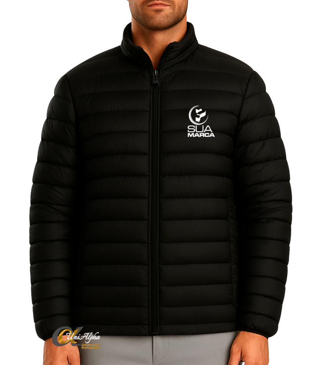 fornecedor jaqueta puffer unialpha uniformes preta com logo estampado