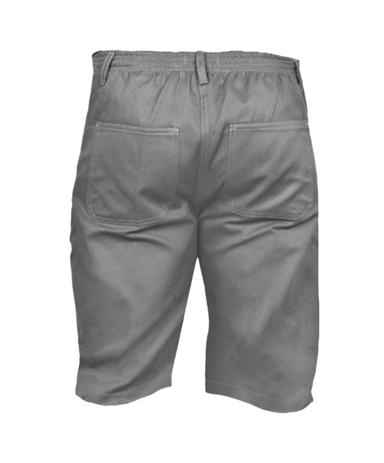 vista-traseira-bermuda-brim-elastico-funcional-alpha-uniformes-uniforme-pratico Vista Traseira Bermuda Brim Elástico Cinza Claro Alpha Uniformes funcional com bolsos.