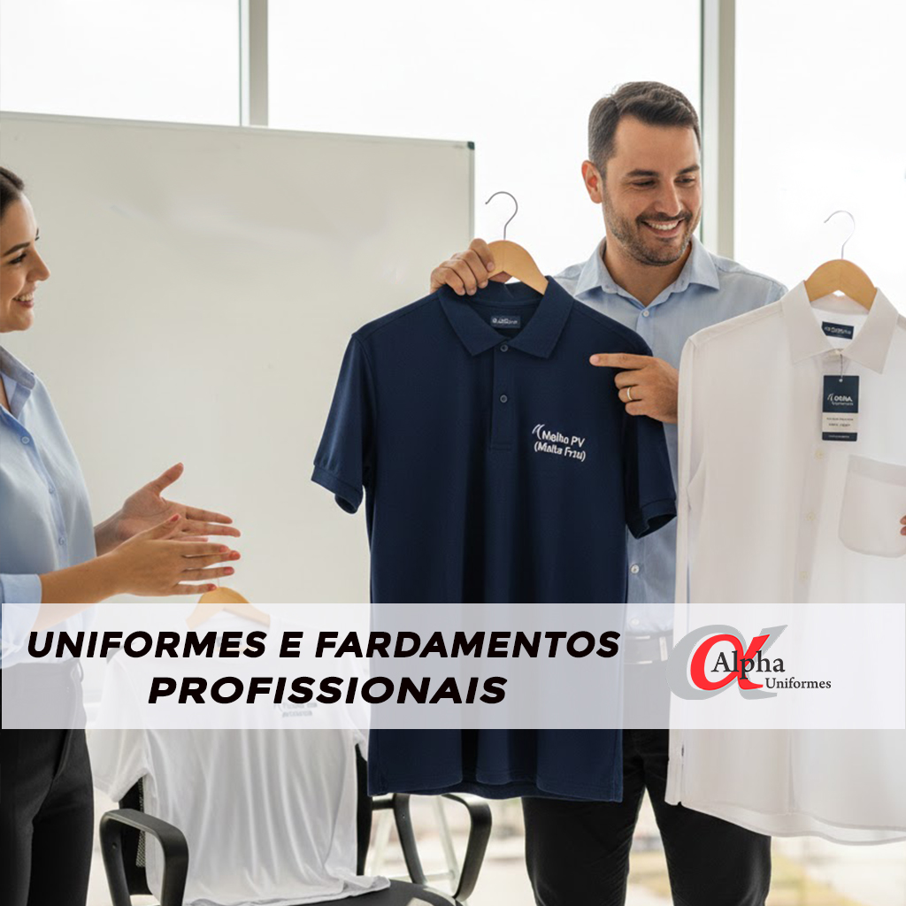 Consultores da Alpha Moda Social em Sorocaba apresentando as vantagens da malha PV e camisaria social premium para uniformes empresariais que não amassam.Legenda: Elegância que resiste ao dia a dia. 👔 Descubra qual o melhor tecido para uniforme de empresa que não amassa na Alpha Moda Social. Conforto térmico e autoridade para o seu time.